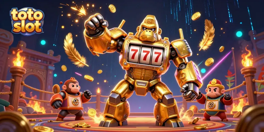 Experience the excitement of toto slot with a golden gorilla mech smashing coins and jackpots!