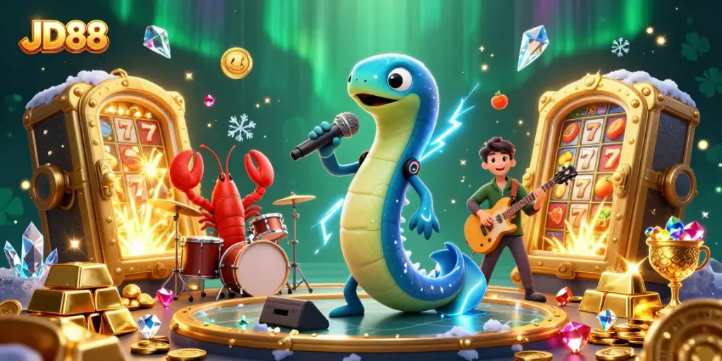 Experience JD88 in a vibrant underwater casino with an electric eel DJ and treasures galore.