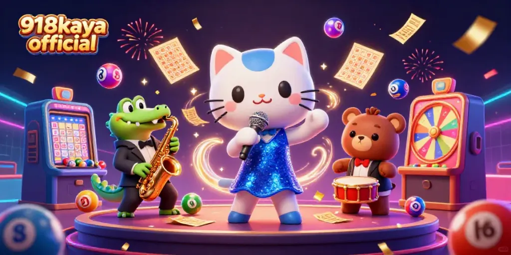 Engage in fun gameplay with the 918kaya official cartoon scene featuring a singer cat and vibrant casino elements.