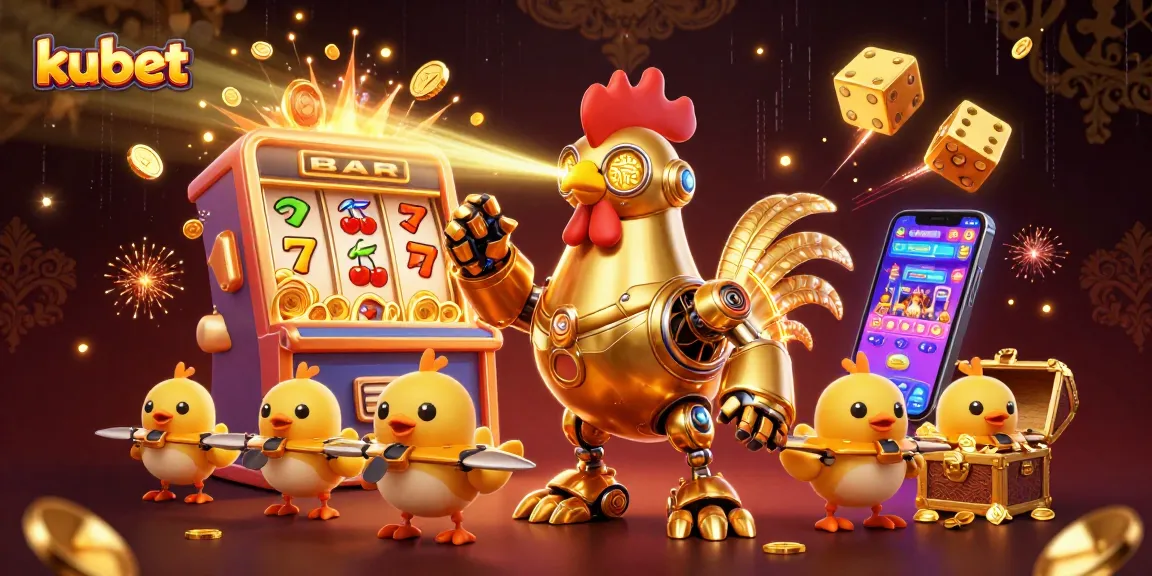 Kubet's golden rooster robot and baby chick drones engage in a vibrant casino scene packed with jackpots and exciting games.