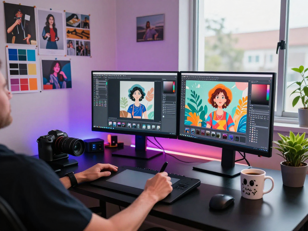 Engaging nsfw ai content creation studio with digital artist and vibrant displays.