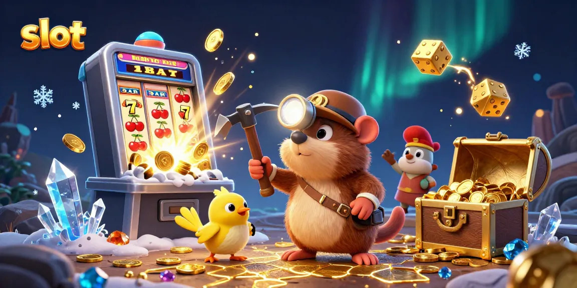 Engaging cartoon mole exploring a glowing treasure cave and slot machine bursting with coins