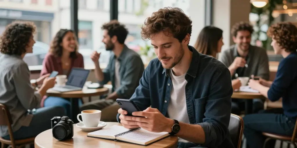Man texting confidently on smartphone in a café while learning How to text girls.