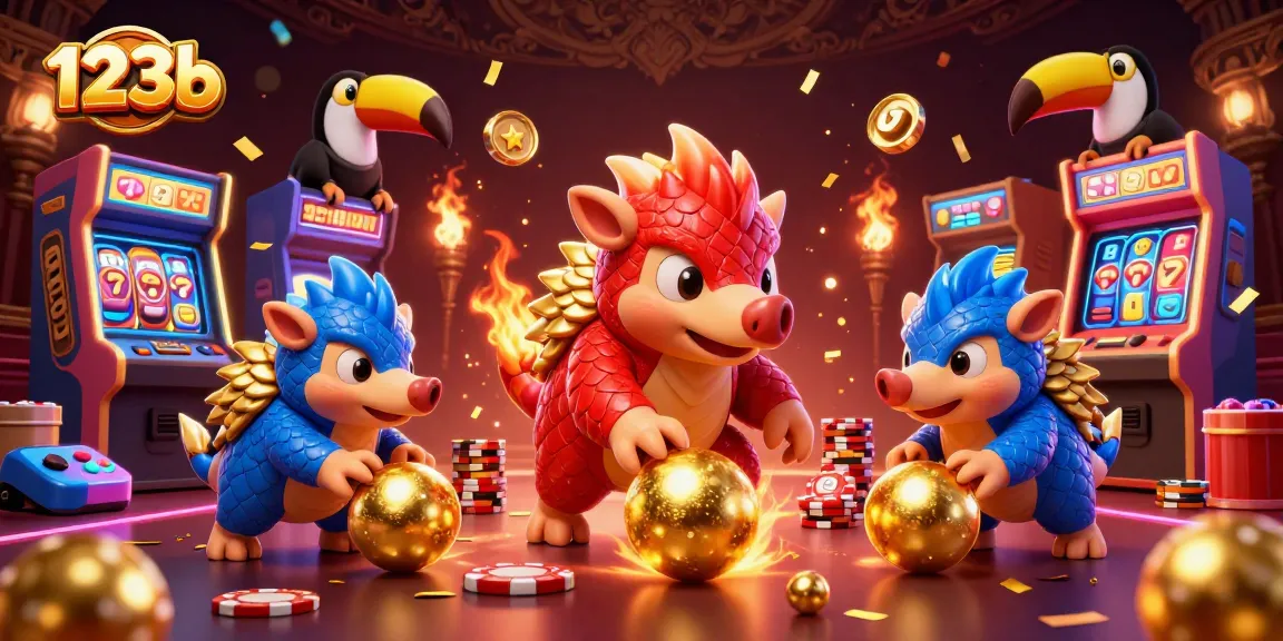 Engage in the thrilling action with 123b as rival pangolins roll into golden balls in a casino game scene.