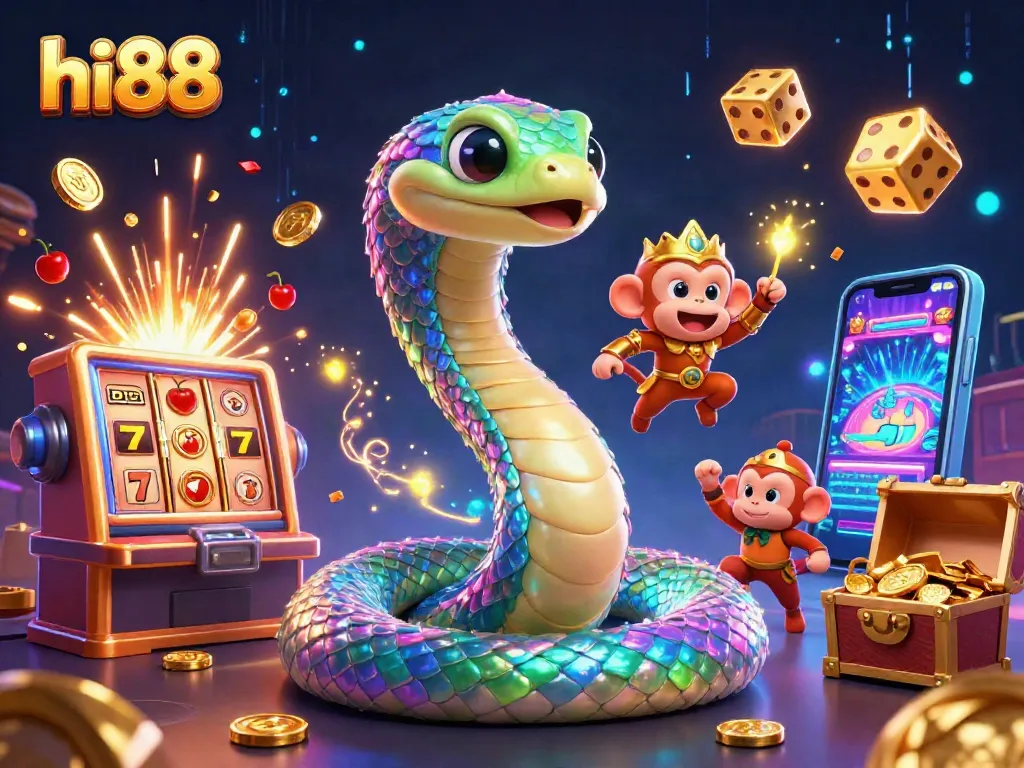 Engage with hi88's vibrant casino adventure featuring a colorful serpent and golden monkey king.