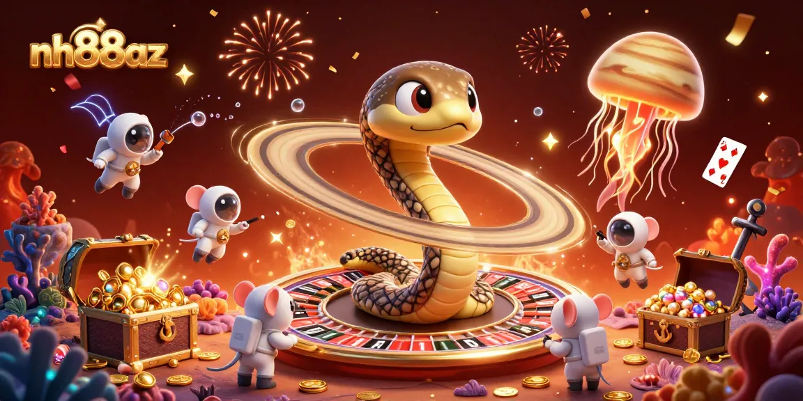 Place bets and spin the cosmic roulette with nh88az's vibrant casino illustration featuring astronaut mice and a golden jellyfish dealer.