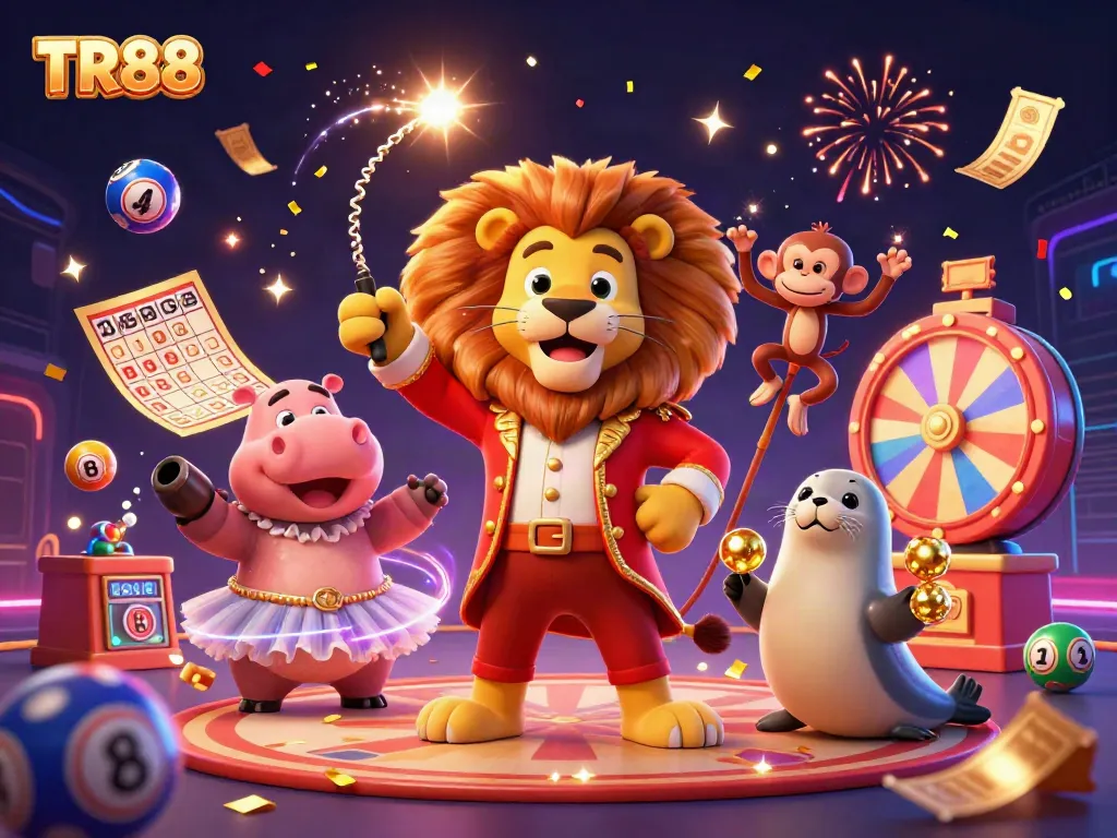 Experience TR88 with a vibrant and dynamic casino scene featuring colorful characters and dynamic game elements.
