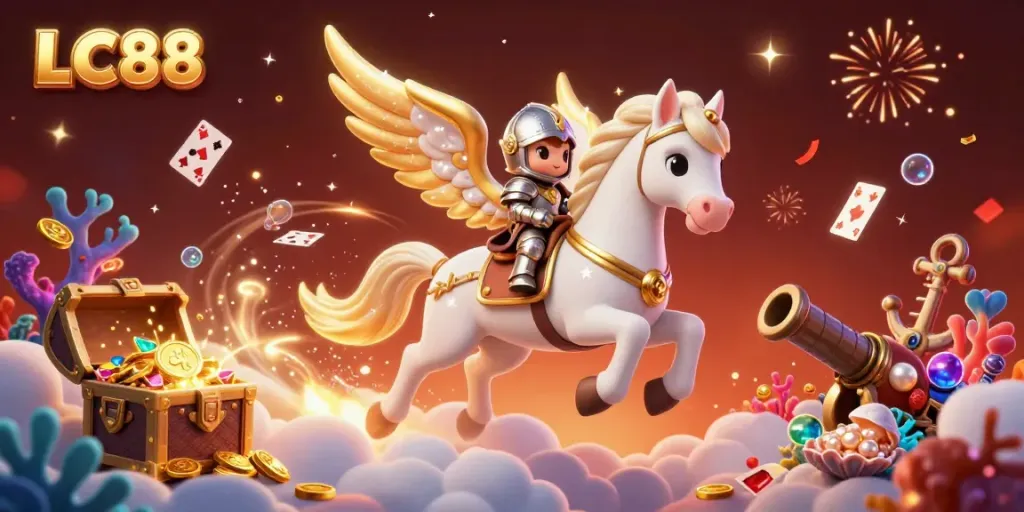 Experience the magic of LC88 with a knight and celestial horse amidst a vibrant gaming scene.