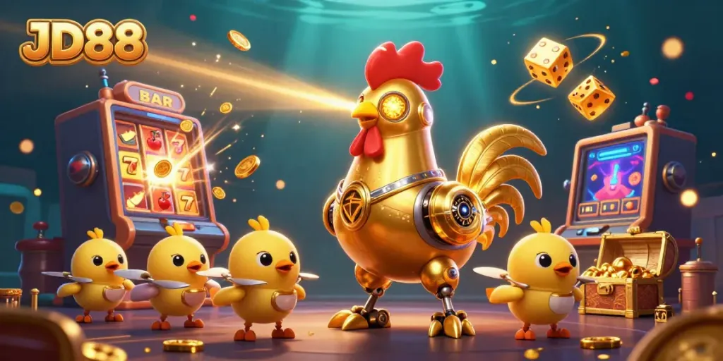 Experience JD88's thrilling slot adventure featuring a golden rooster robot and hidden treasures.