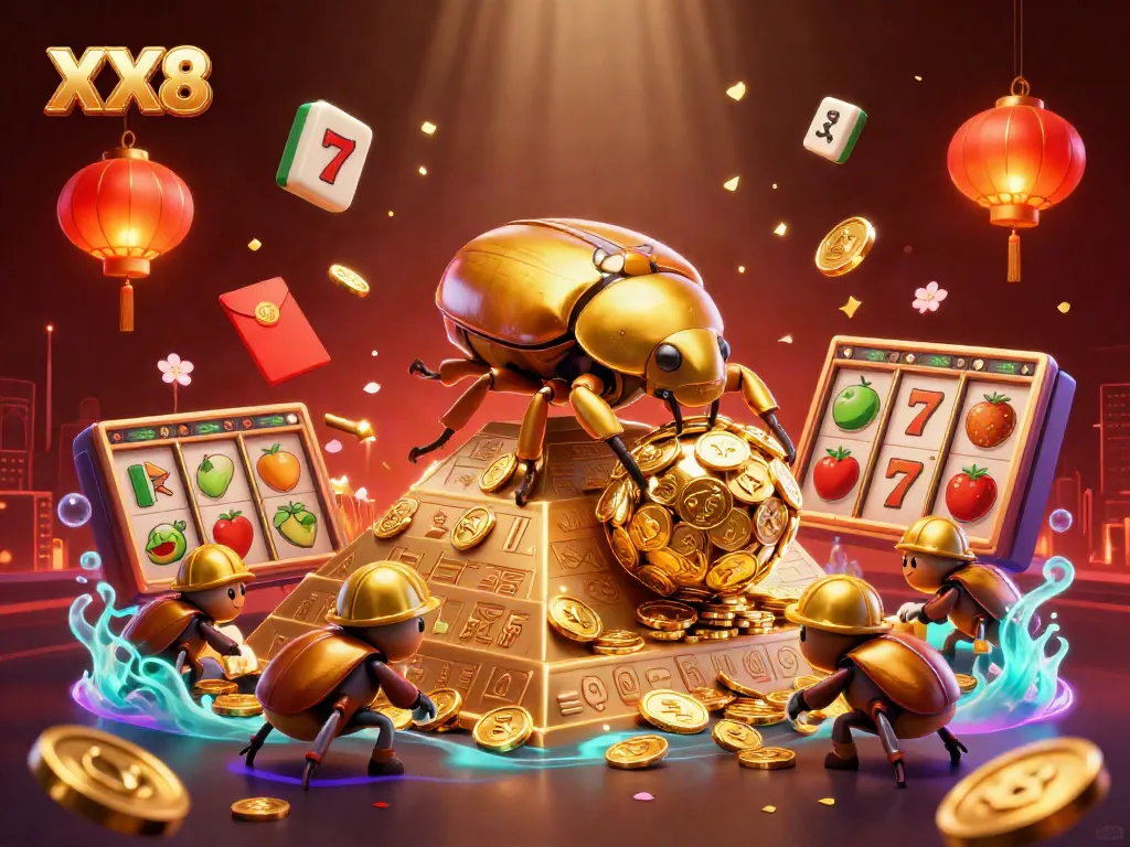 Experience the excitement of the XX8 casino with vibrant elements and golden treasures.