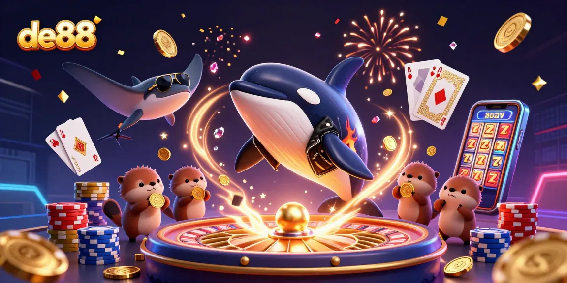 de88 orca whale and sea otters collecting coins in a vibrant casino scene.