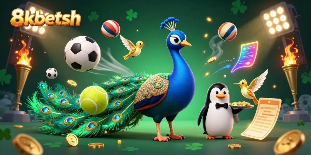 Experience the excitement of 8xbetsh with golden chips and dynamic sports action in a festive casino scene.