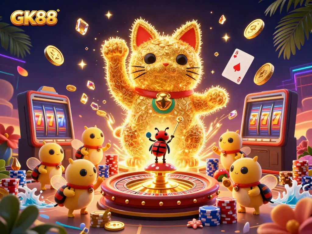 Experience GK88's vibrant casino world with enchanting lucky cat and sparkling gems.