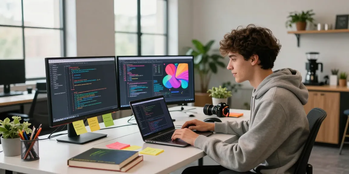 Kode dan kolaborasi di ruang kerja modern GEGESLOT, seorang pengembang muda bersemangat bekerja di laptop di bawah pencahayaan alami.