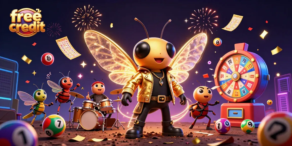 Experience thrilling games with free credit as a vibrant cicada rock star and band celebrate in a casino