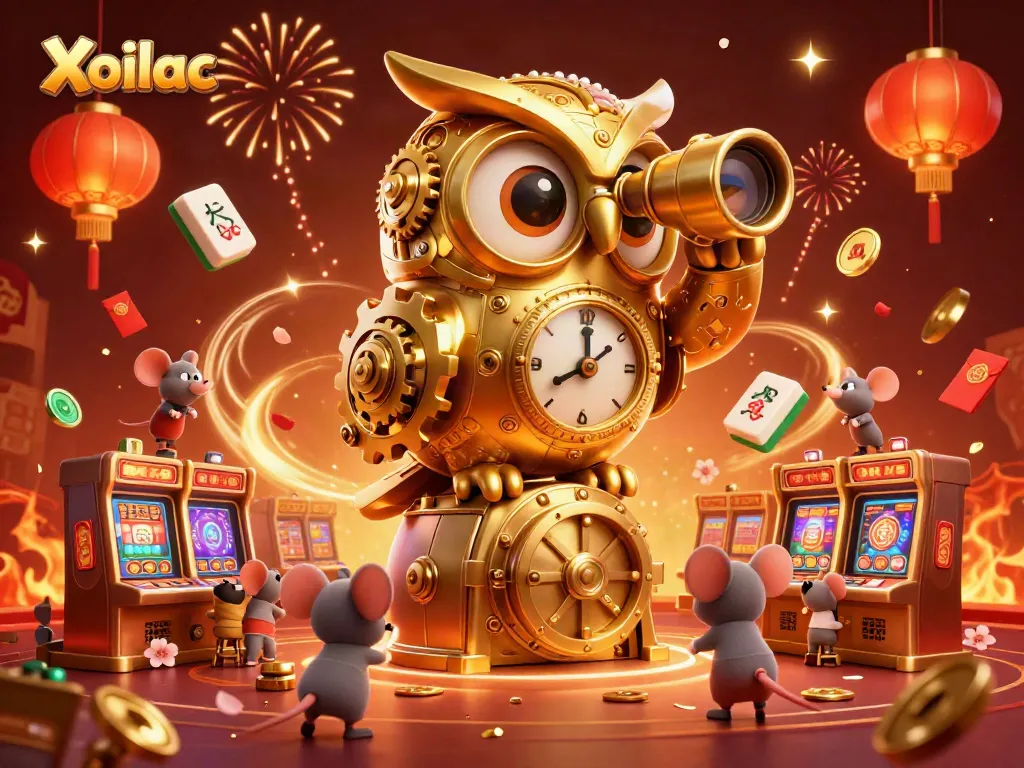 Xoilac features a magical scene with a golden owl and wind-up mice amidst an exciting casino atmosphere.