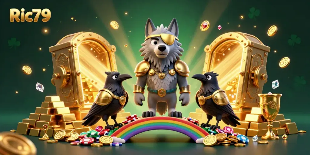 Engage with excitement on Ric79's vibrant casino scene featuring mythical characters amidst dazzling treasures.
