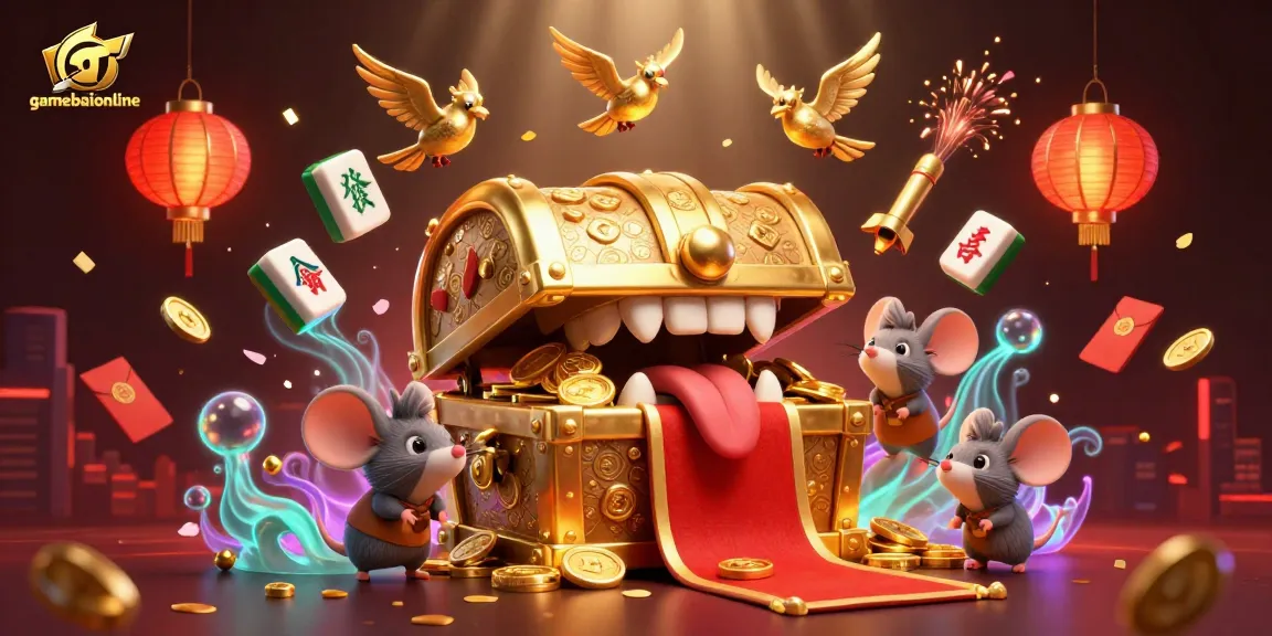 Experience excitement with gamebaiionline as adventurer mice approach a treasure chest amidst vibrant casino elements