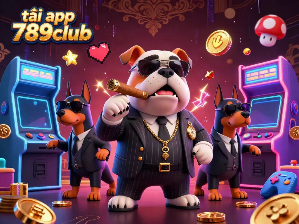 Tải app 789club with a mafia-themed illustration featuring a bulldog boss and gaming elements in a casino setting.