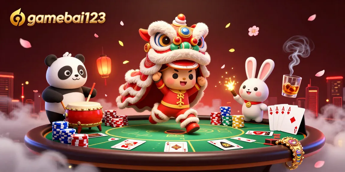 Experience vibrant fun with gamebai123 in this rich 3D casino illustration featuring lively characters and poker elements.