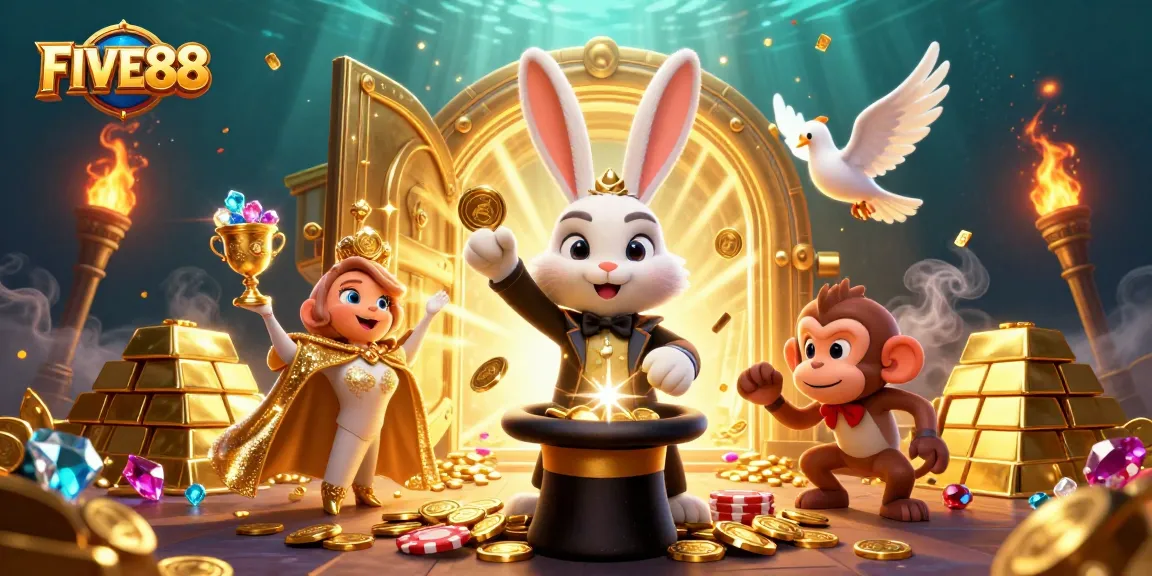 Win big with FIVE88's dynamic casino showcase featuring an engaging magician, dove, and monkey.