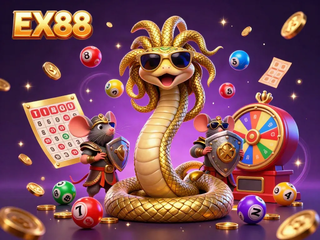 Experience the excitement of EX88 with a vibrant 3D illustration packed with lottery and gaming elements.