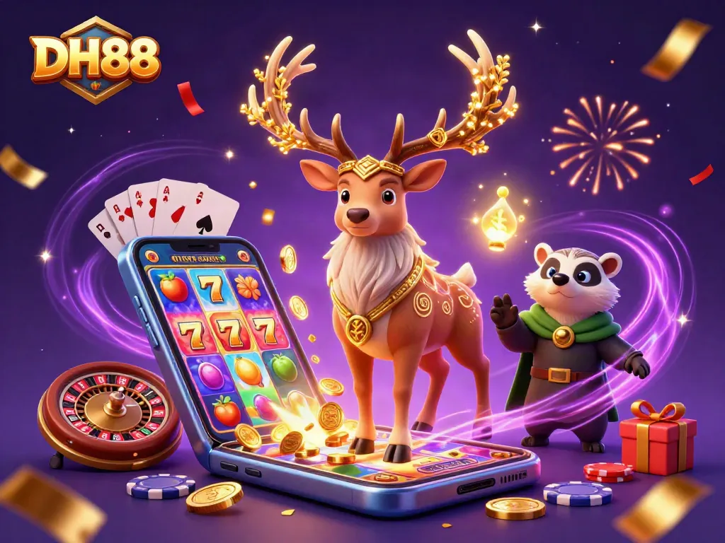 Join the excitement at DH88 with a vibrant 3D illustration of a druid stag and casino game elements.