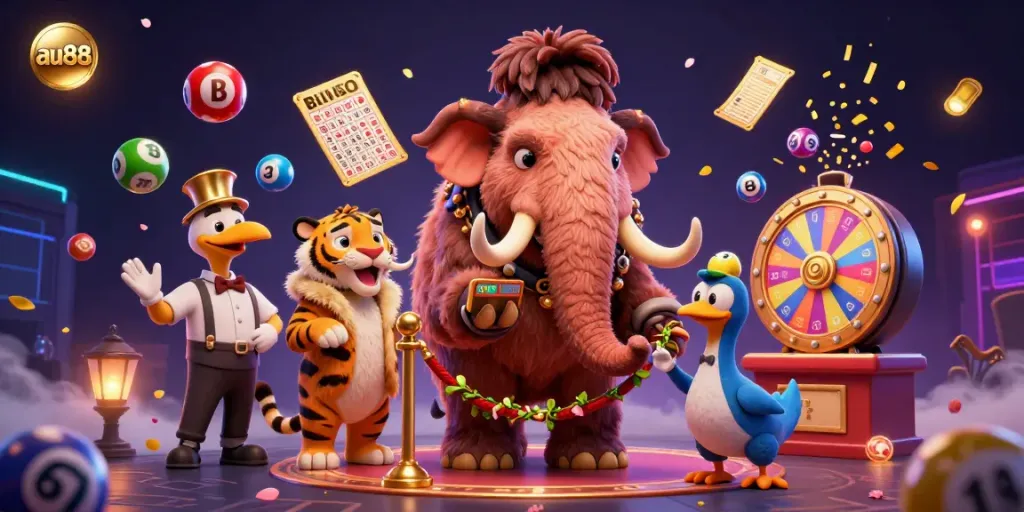 Enjoy dynamic gaming experiences at au88 with a lively casino scene featuring a mammoth bouncer and vibrant lottery elements.