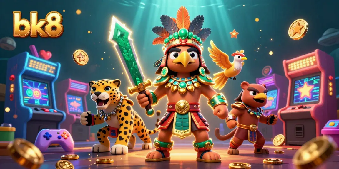 Bets on bk8 while an Aztec warrior and jaguar companion enjoy a vibrant casino scene.