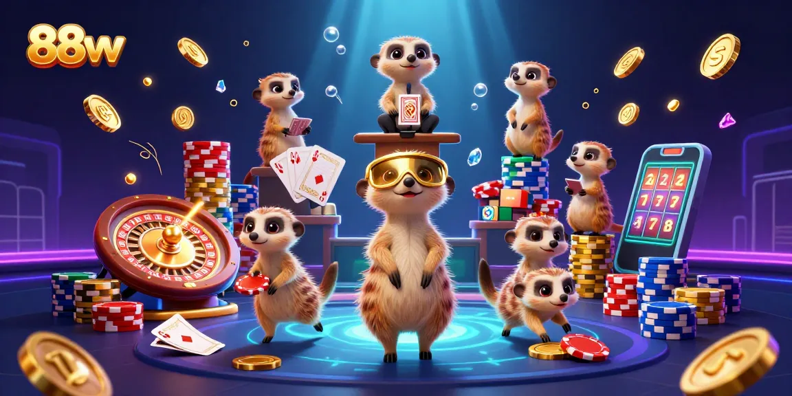 Experience the thrill of gaming at 88vv with meerkats running a dynamic casino operation, surrounded by vivid casino elements.