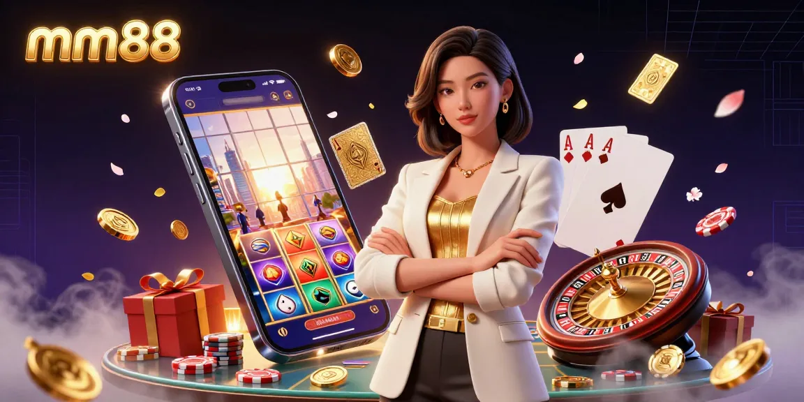 Experience winning slots at mm88 with a dazzling 3D illustration of a powerful businesswoman in a glamorous casino setting.