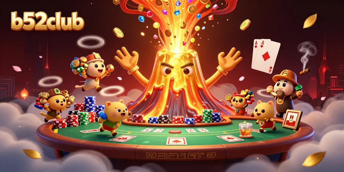 B52club players enjoy a vibrant casino scene with thematic illustration of a golden volcano and poker elements.
