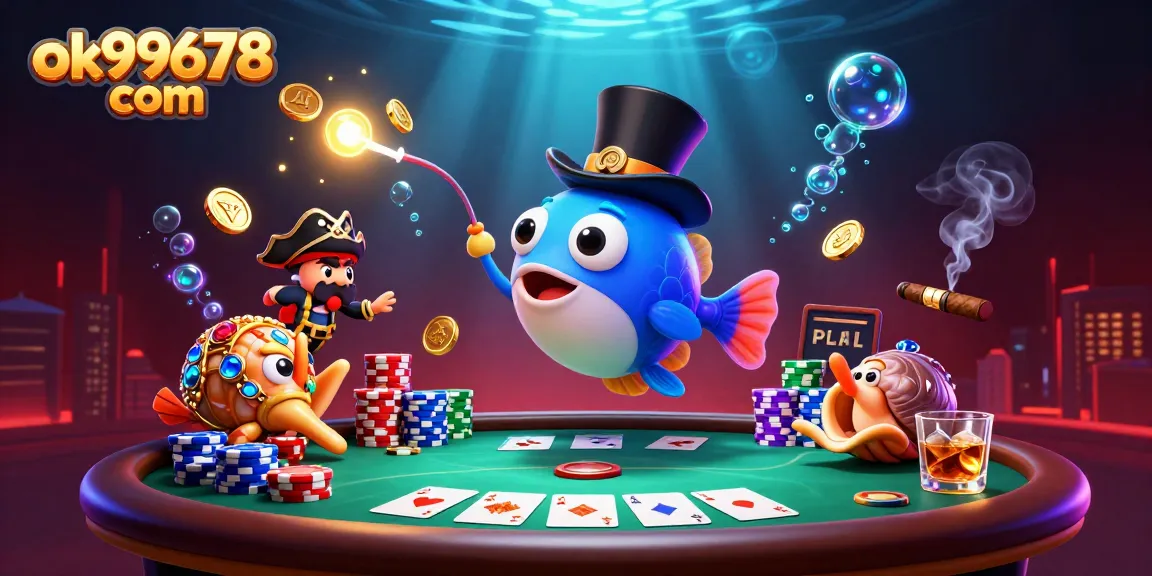 Engage with ok99678 com's vibrant casino scene featuring deep-sea characters spinning a winning card hand.