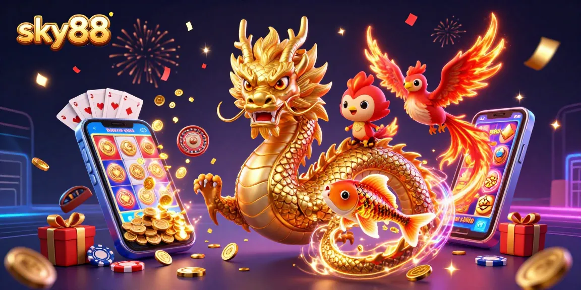 Experience thrilling action at sky88 with lively casino characters amid a shower of coins.