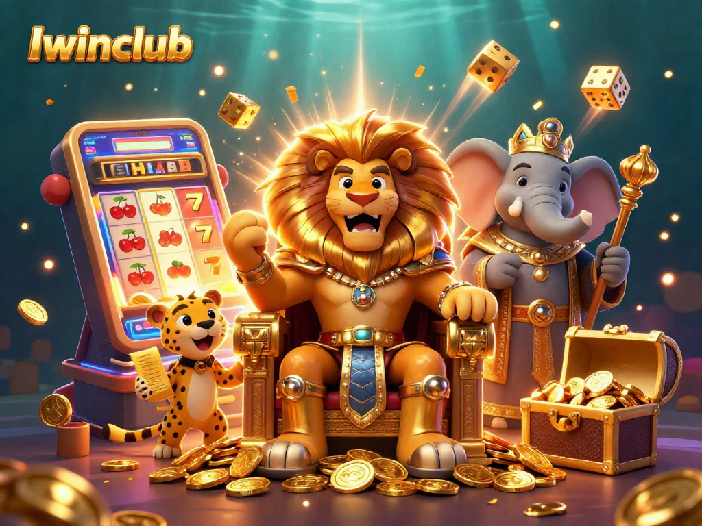 Iwinclub offers a vibrant casino experience with a lion king, elephant advisor, and cheetah messenger in a 3D slot scene.