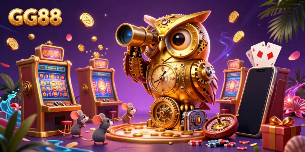 Experience GG88's vibrant casino with animated owl and tiny mice amidst exciting slot games and winning opportunities.