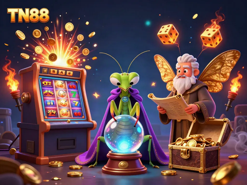 Experience the mystical charm of TN88 with vibrant characters and exciting casino elements in this 3D illustration.