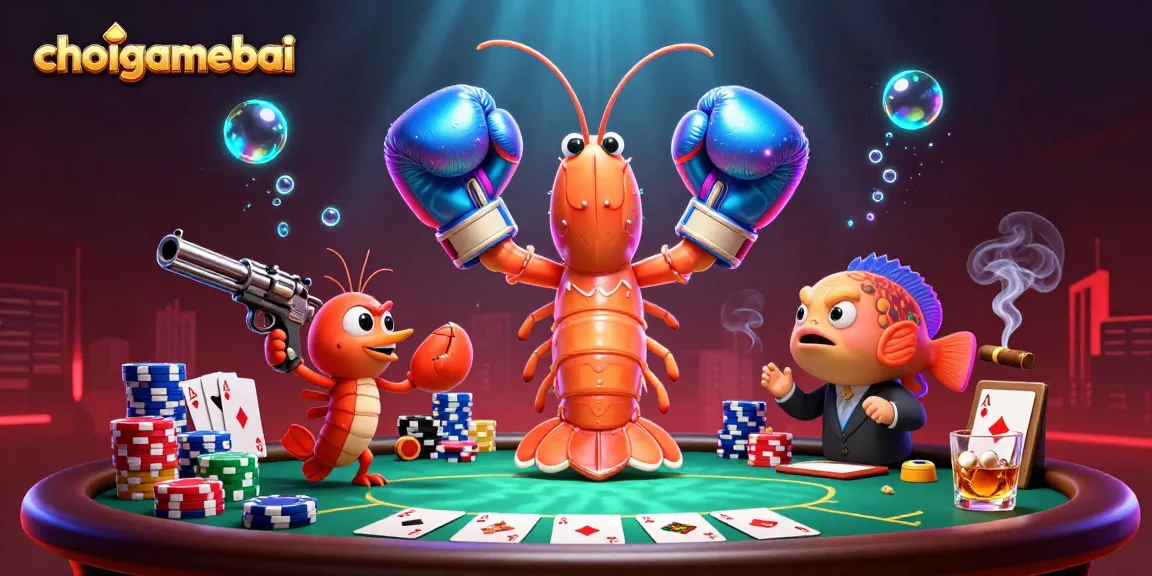 Engage in the thrilling world of choigamebai poker with dynamic shrimp characters and vibrant casino elements.