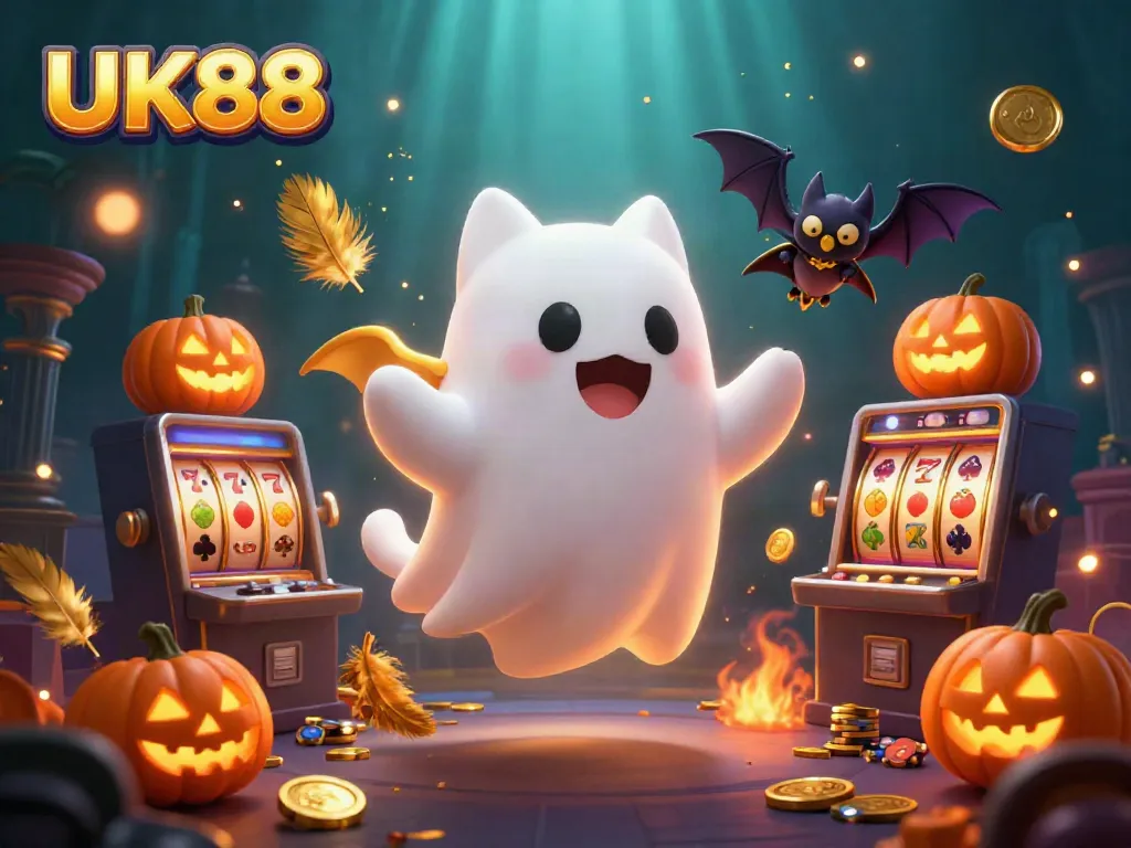 Experience thrilling gameplay with UK88's floating ghost cat amidst a haunted casino backdrop.