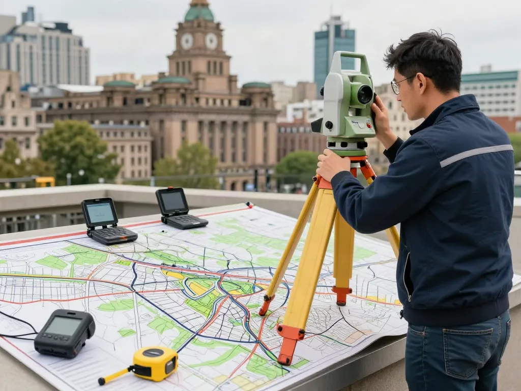 Topographical Survey London showcasing a professional surveyor measuring urban land contours with advanced equipment against a city backdrop.