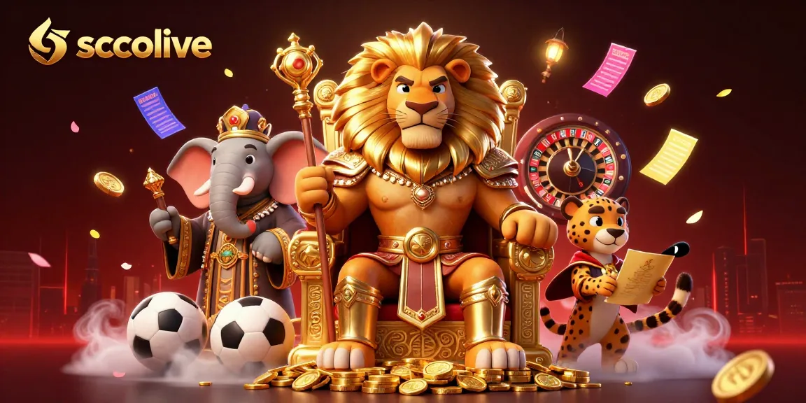 Socolive offers an immersive sports betting experience with a dynamic illustration showcasing a lion king, elephant advisor, and cheetah messenger.