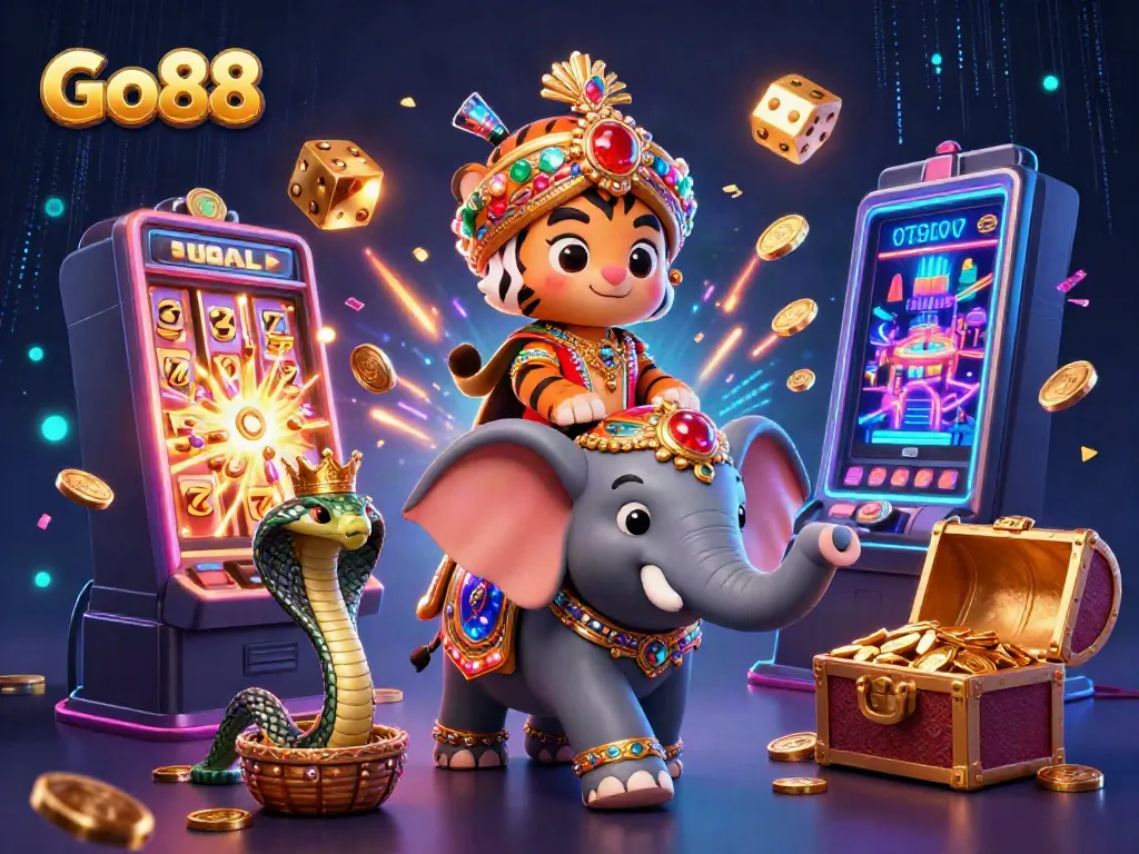 Experience the excitement at Go88 with an explosive jackpot scene featuring vibrant characters and casino themes.