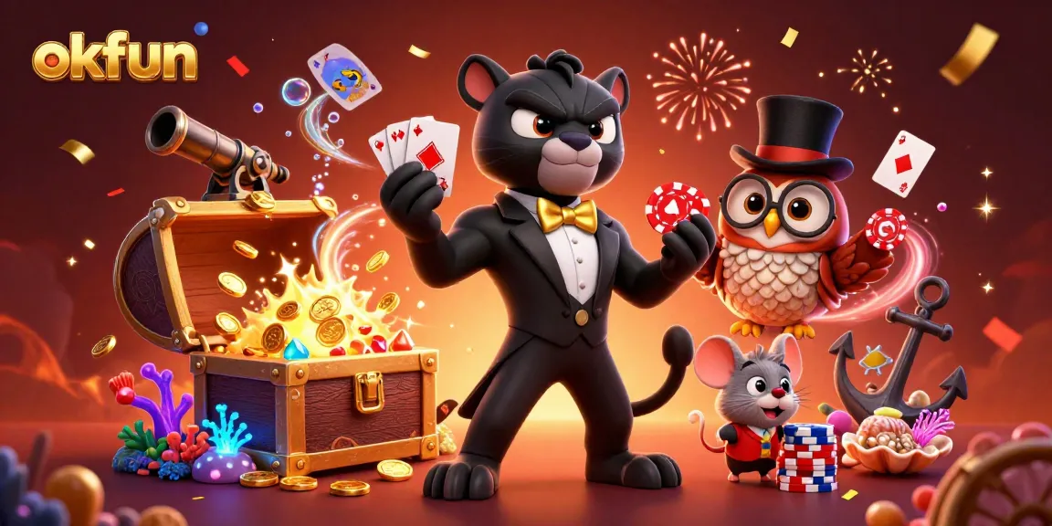 Experience winning strategies at okfun with a vibrant cartoon casino scene featuring stylish characters and exciting gameplay elements.