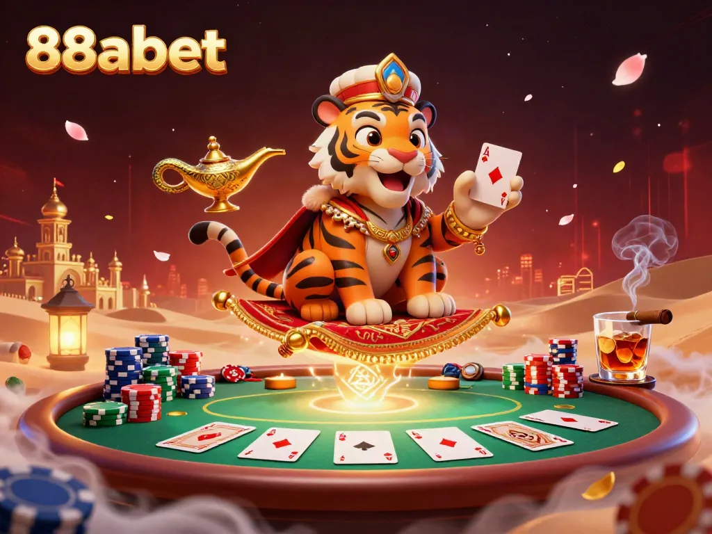 Experience the excitement of 88abet with a vibrant Arabian Nights-themed scene featuring a tiger sultan and casino elements.