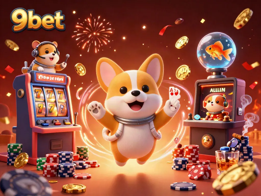 Experience the thrill of 9bet with a vibrant space casino scene featuring a corgi astronaut and floating coins.
