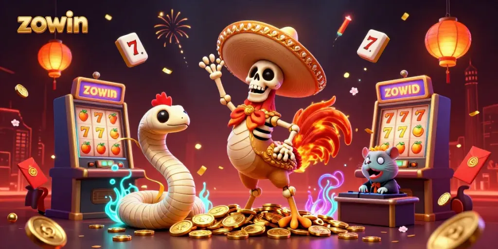 Experience thrilling gameplay with Zowin through energetic casino characters dancing on coins, set in a vibrant scene.