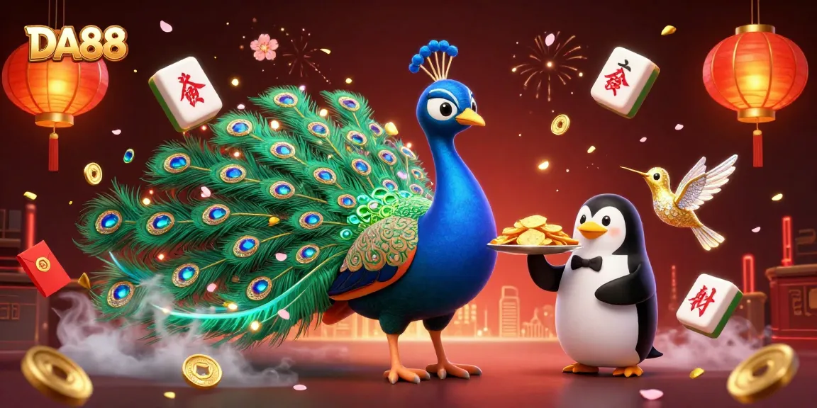 Experience DA88 excitement with a vibrant 3D illustration depicting casino elements and characters.