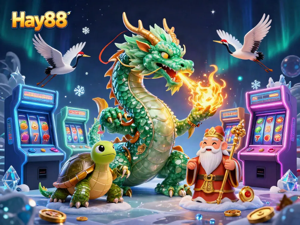 Engage with Hay88's vibrant casino world featuring a jade dragon, turtle sage, and lucky cranes.
