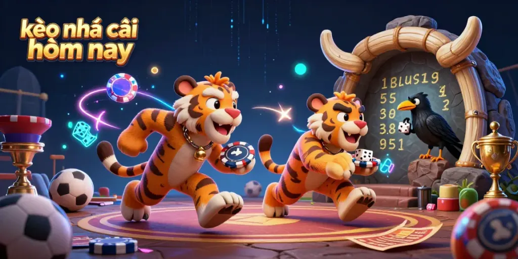 Engaging kèo nhà cái hôm nay scene featuring sports betting elements with characters and dynamic casino visuals.