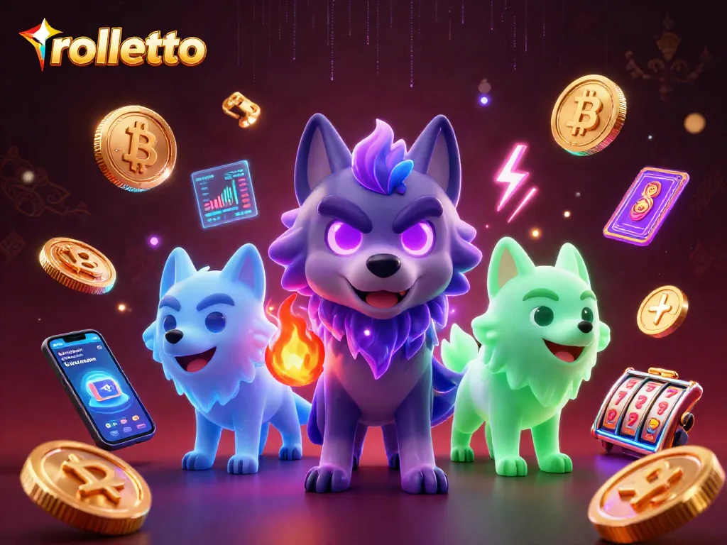 Experience rolletto's exciting slot reels and jackpots with glowing crypto elements in a vibrant 3D scene.